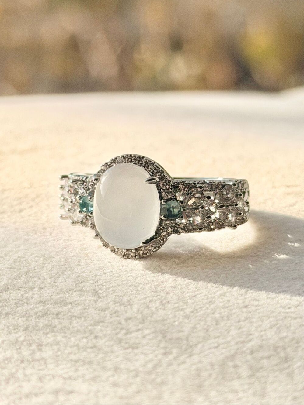 Faux Moonstone Statement Ring Silver Tone Multicolor Crystal Cocktail Ring